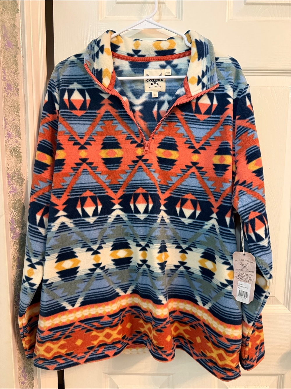 Women’s Cotton On Half-Zip Fleece Pullover - Blue & Orange Aztec